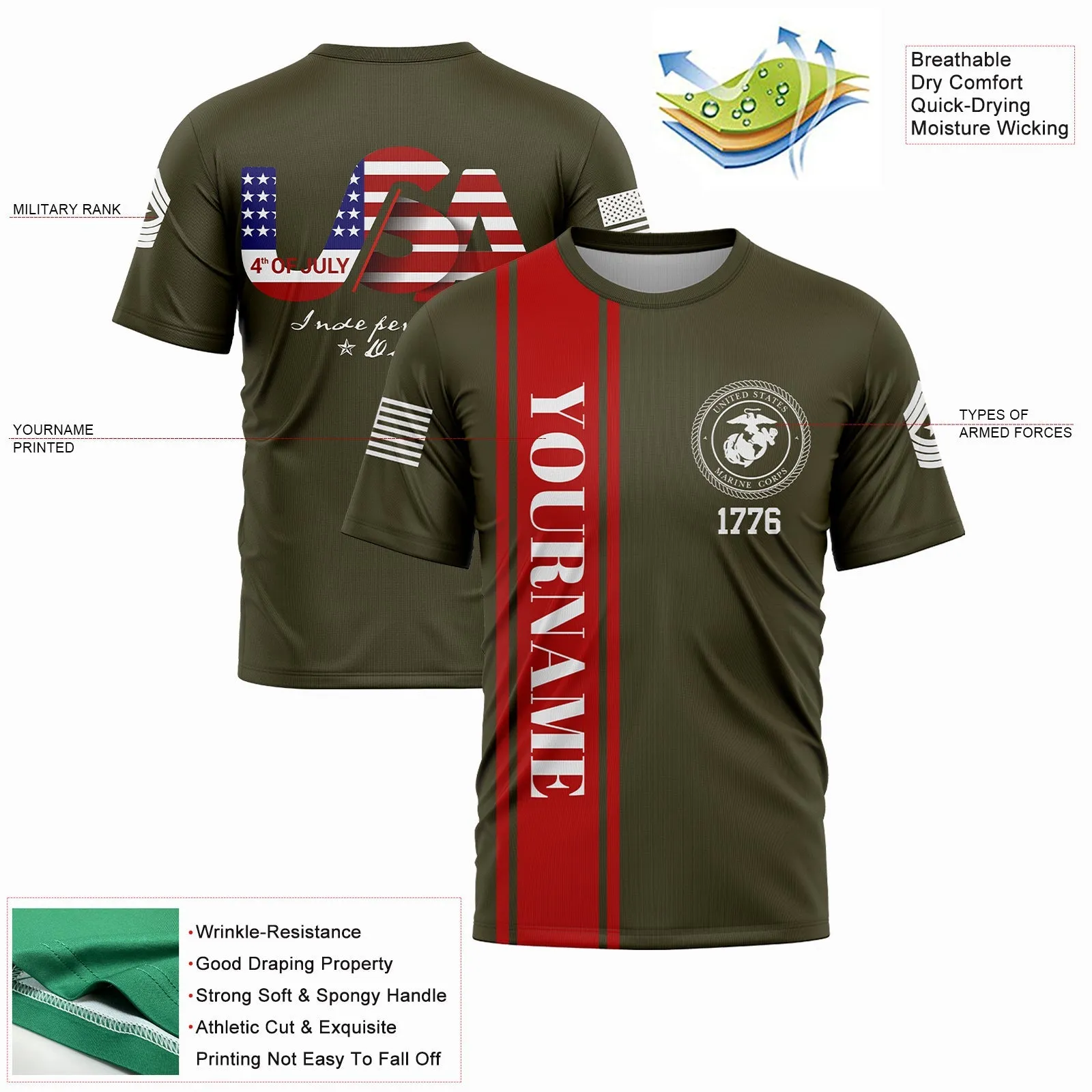 Custom Olive USA Military Rank Name Independence Day T-Shirt