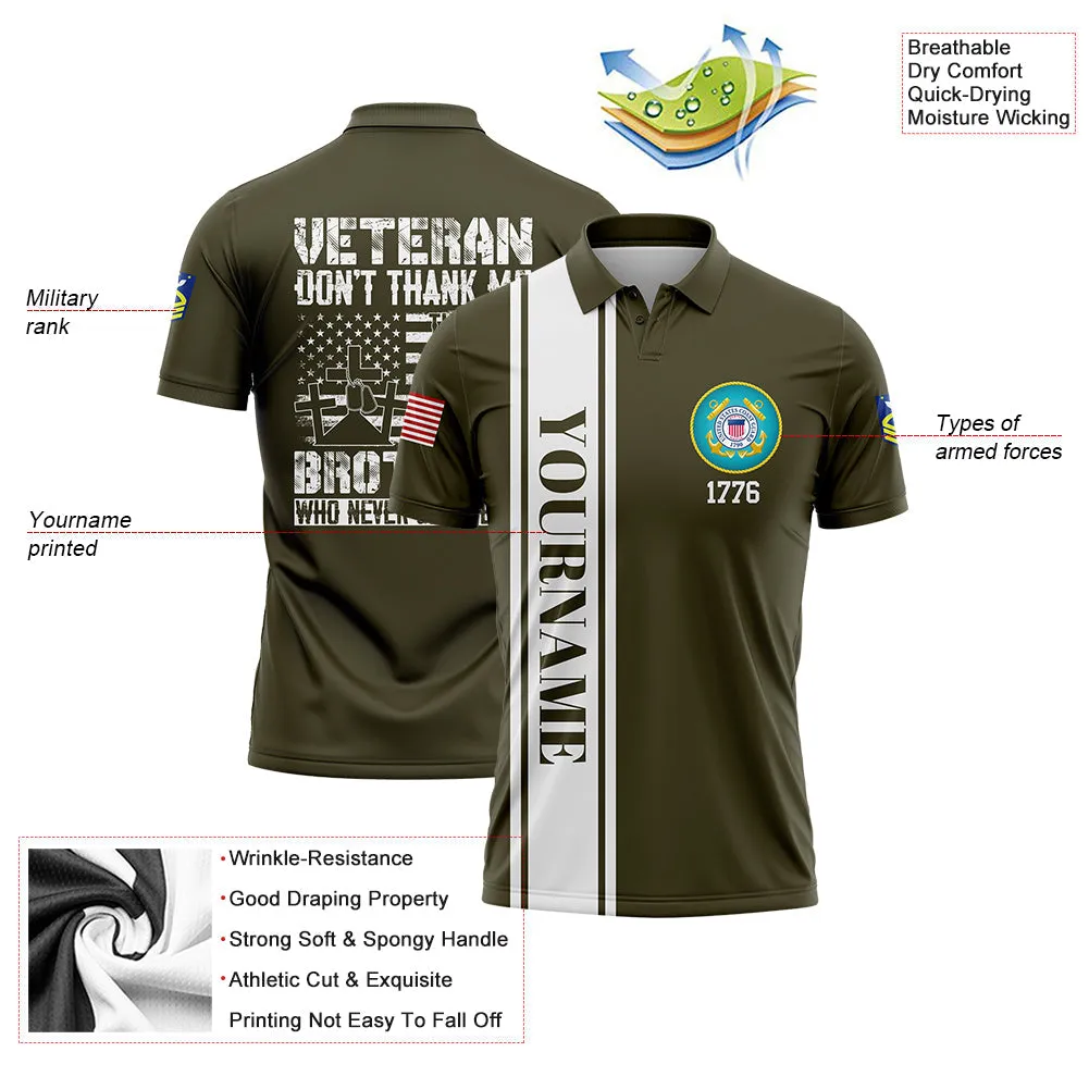 Custom Olive Veteran Don't Thank Me Thank My Brothers Who Never Came Back 1776 Flag U.S Coast Guard Military Rank Name Veterans Day Golf Polo Shirt | Father's Day Gifts