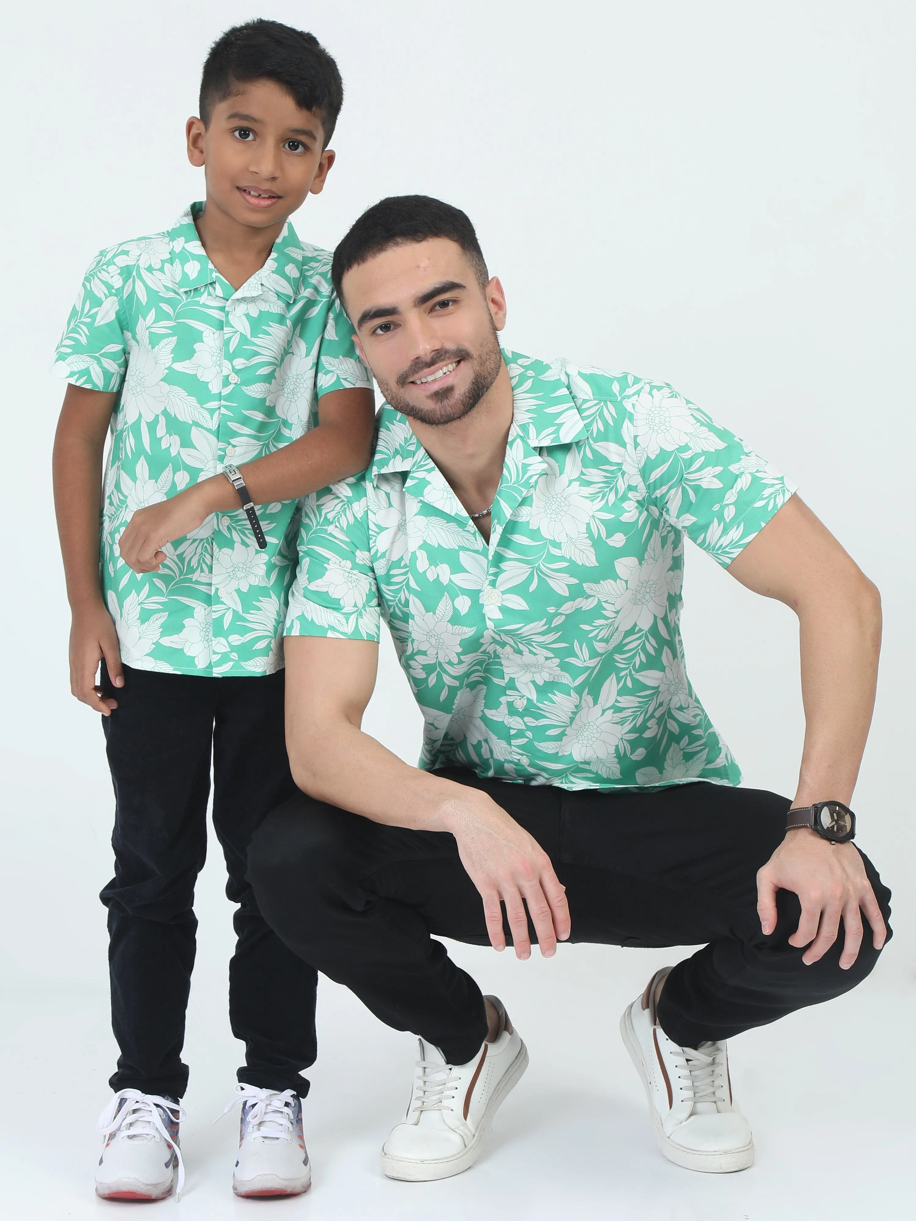 Dad & Son Botanical Printed Shirt Mint Green