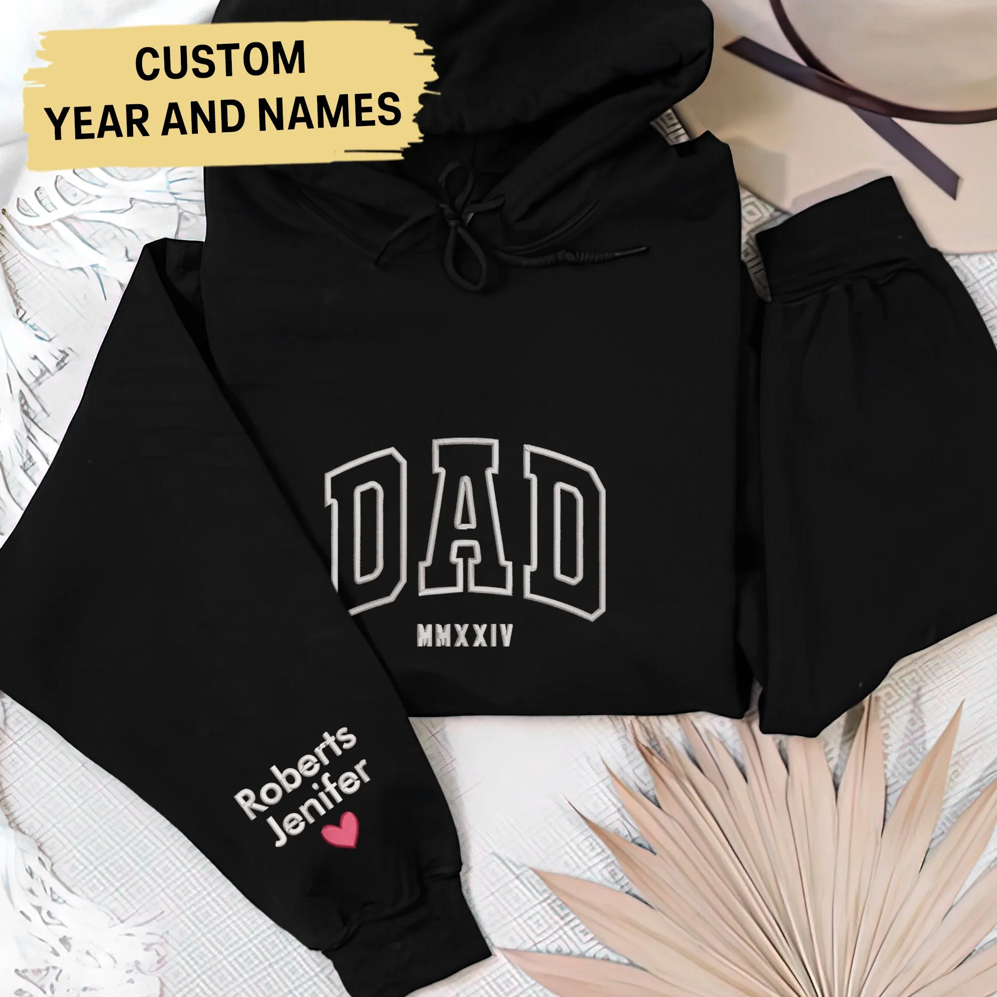 Dad Embroidered Hoodie, Custom Dad Shirt With Kids Names, Heart On Sleeve, Daddy Est Year Hoodie, Gift For New Dad, Father's Day Gift