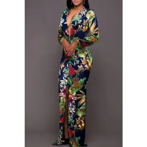 Dazzling Printed Plunge Neck Leg Split Maxi Dress