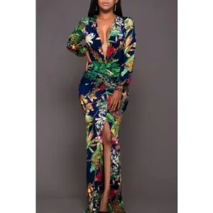 Dazzling Printed Plunge Neck Leg Split Maxi Dress