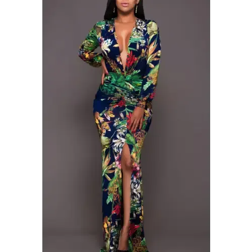 Dazzling Printed Plunge Neck Leg Split Maxi Dress
