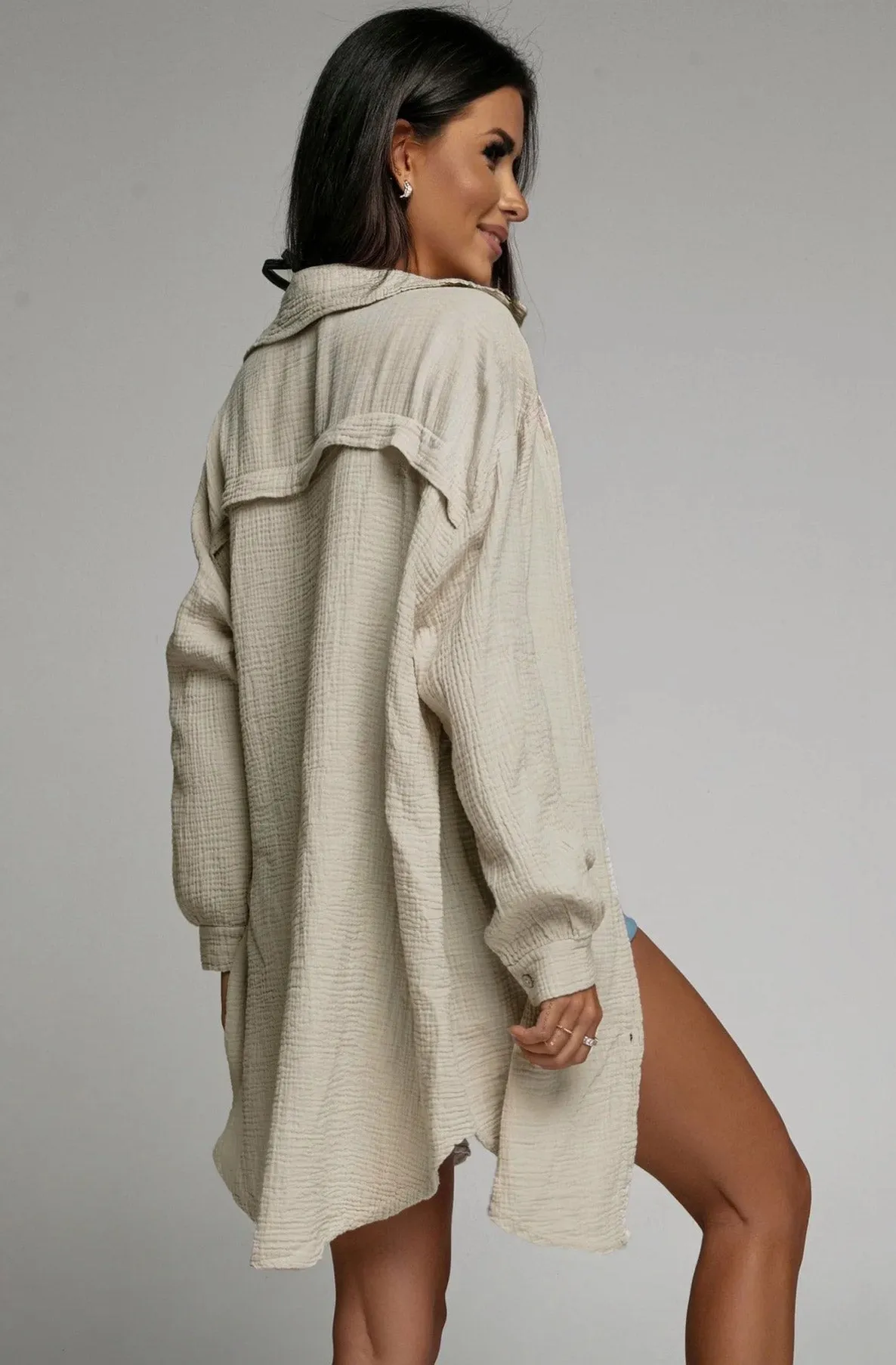 Diana Oversized Cotton Gauze Style Shirt Dress Top-Stone