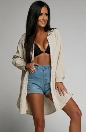 Diana Oversized Cotton Gauze Style Shirt Dress Top-Stone