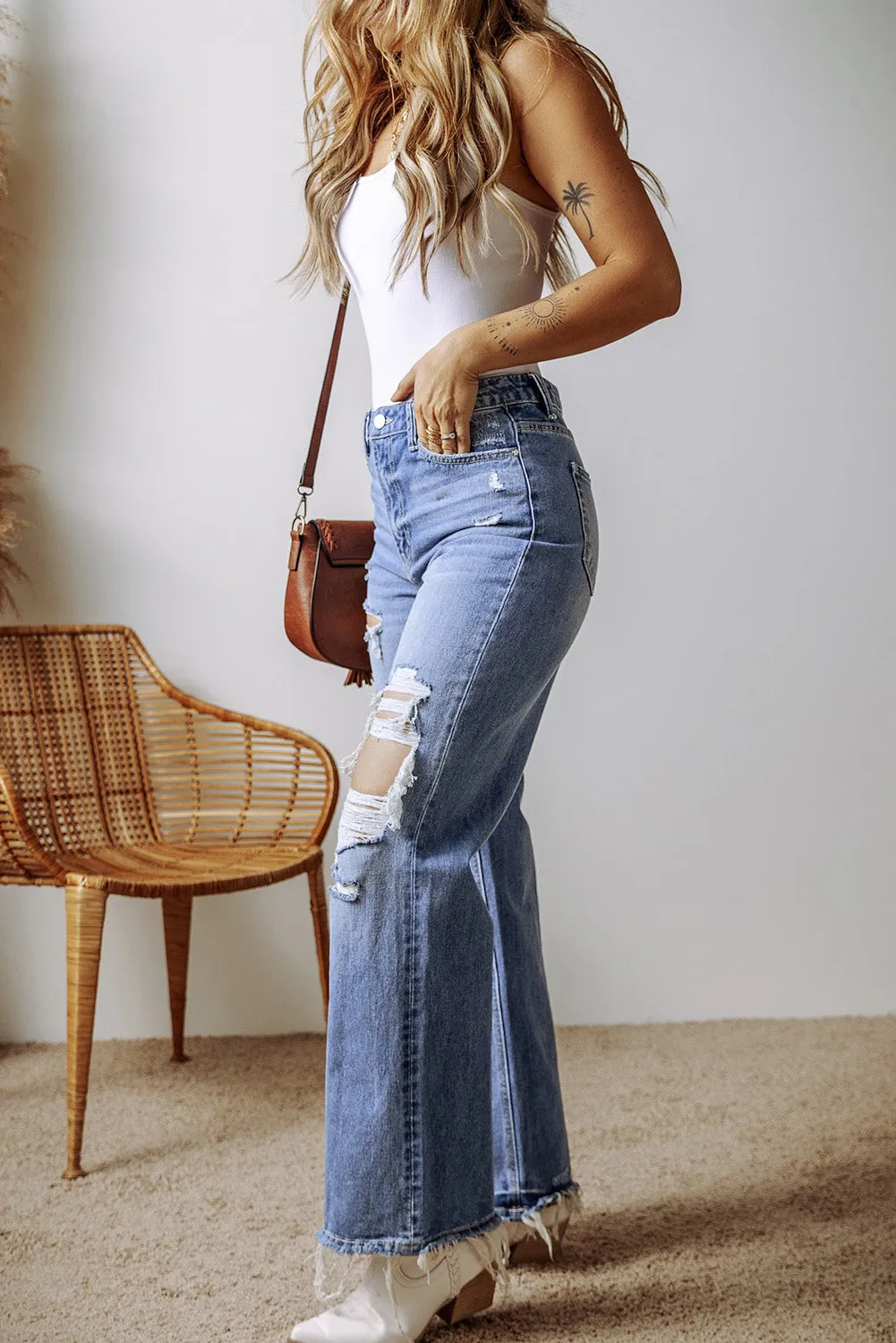 Distressed Raw Hem Straight Leg High Waist Jeans