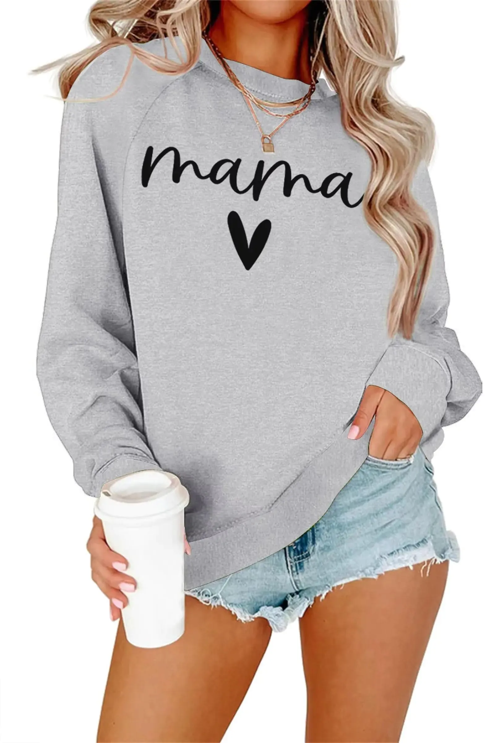 Dressmine Womens Long Sleeve Shirts Maternity Sweater Graphic Tees Raglan Shirt Heart Print Pullover Grey Large