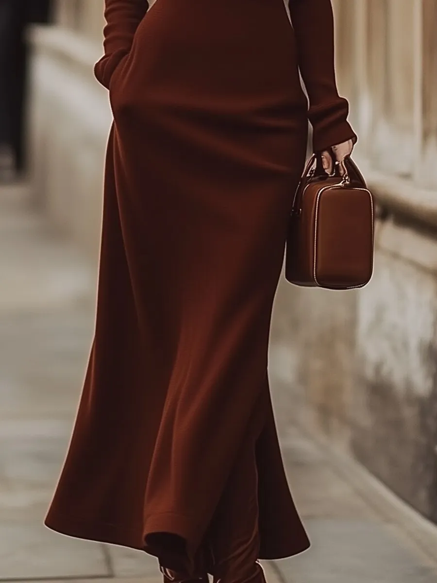 Elegant Cocoa Brown High-Neck Dress