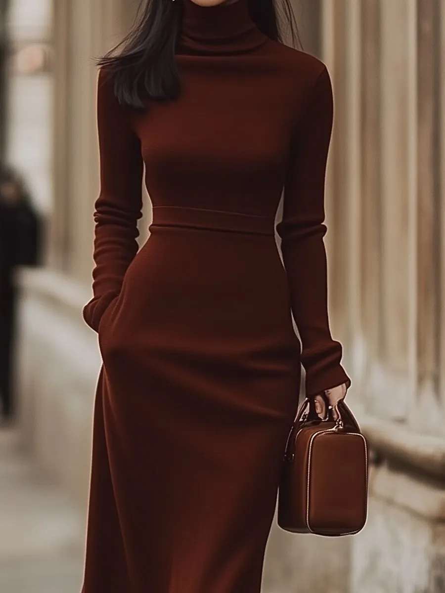Elegant Cocoa Brown High-Neck Dress