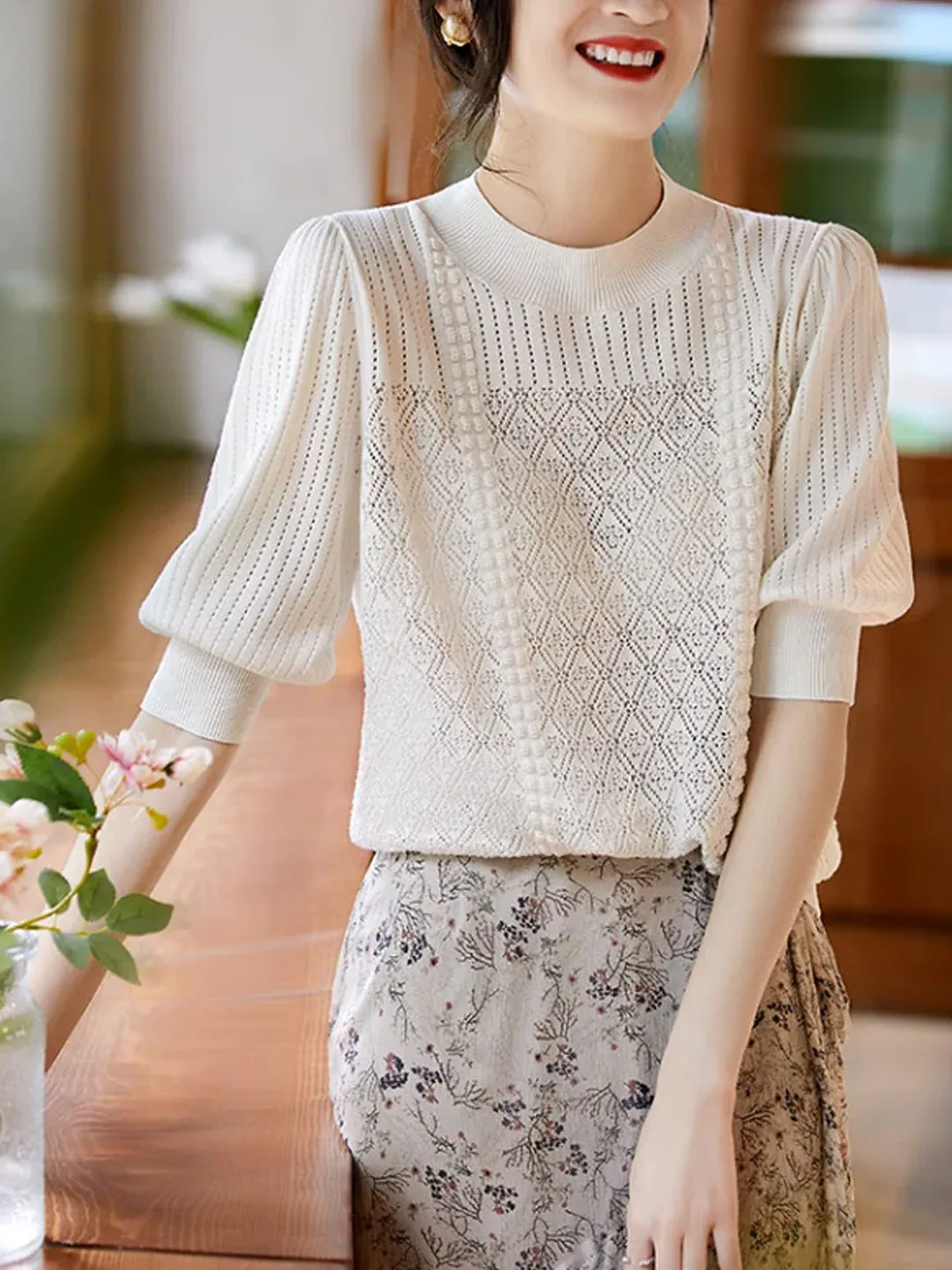 Elegant Lantern Sleeve Knit Top