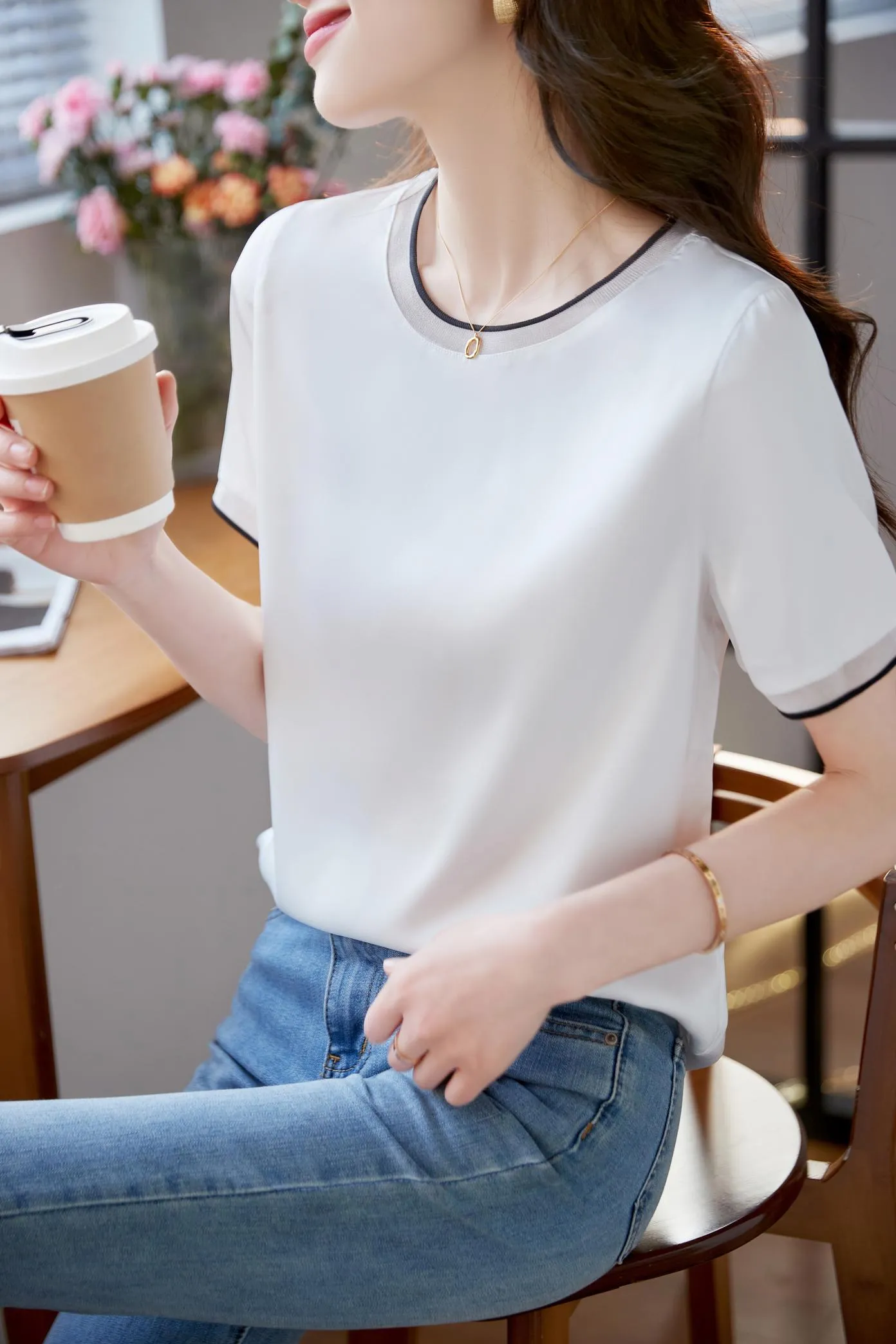 Elegant Solid Satin T-Shirt with Chiffon and Contrast Trim for Women
