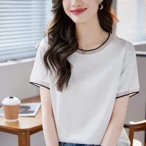 Elegant Solid Satin T-Shirt with Chiffon and Contrast Trim for Women
