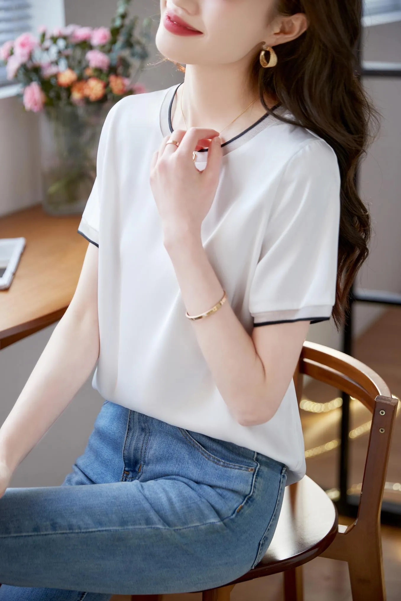 Elegant Solid Satin T-Shirt with Chiffon and Contrast Trim for Women