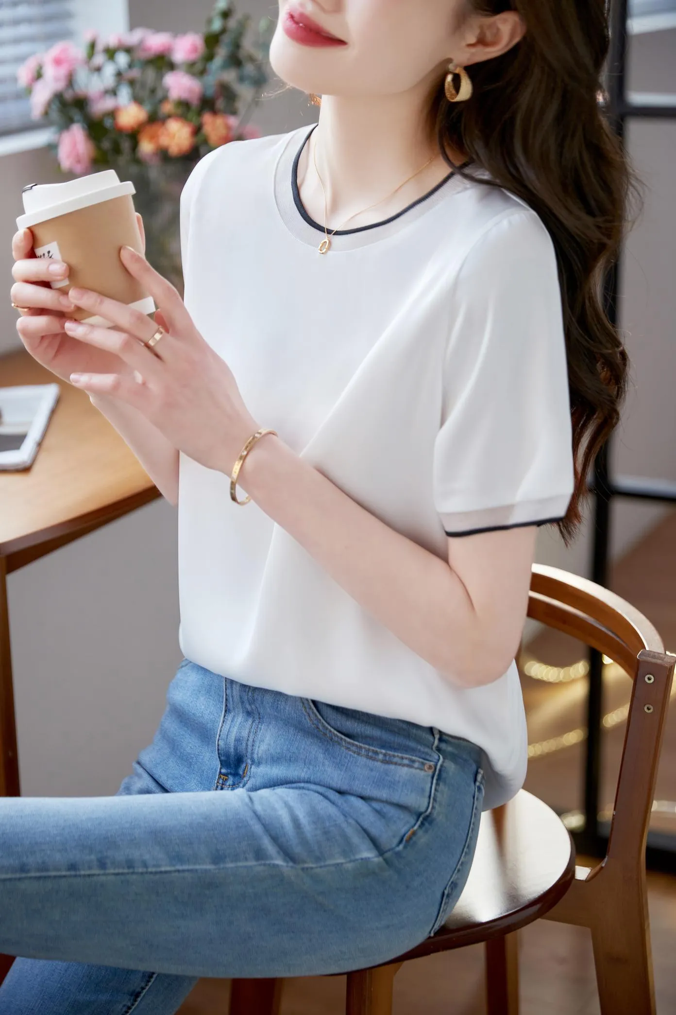 Elegant Solid Satin T-Shirt with Chiffon and Contrast Trim for Women