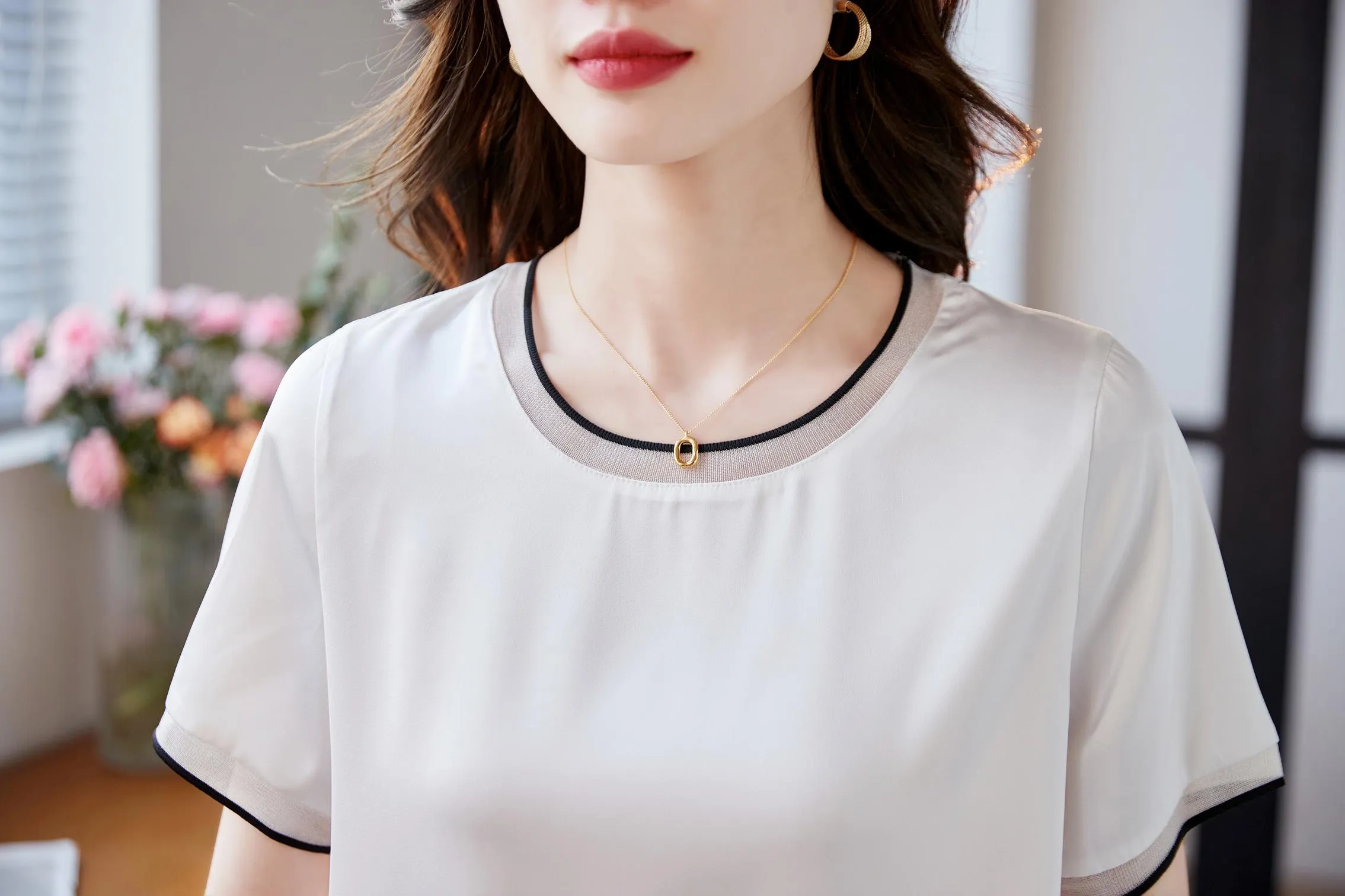 Elegant Solid Satin T-Shirt with Chiffon and Contrast Trim for Women