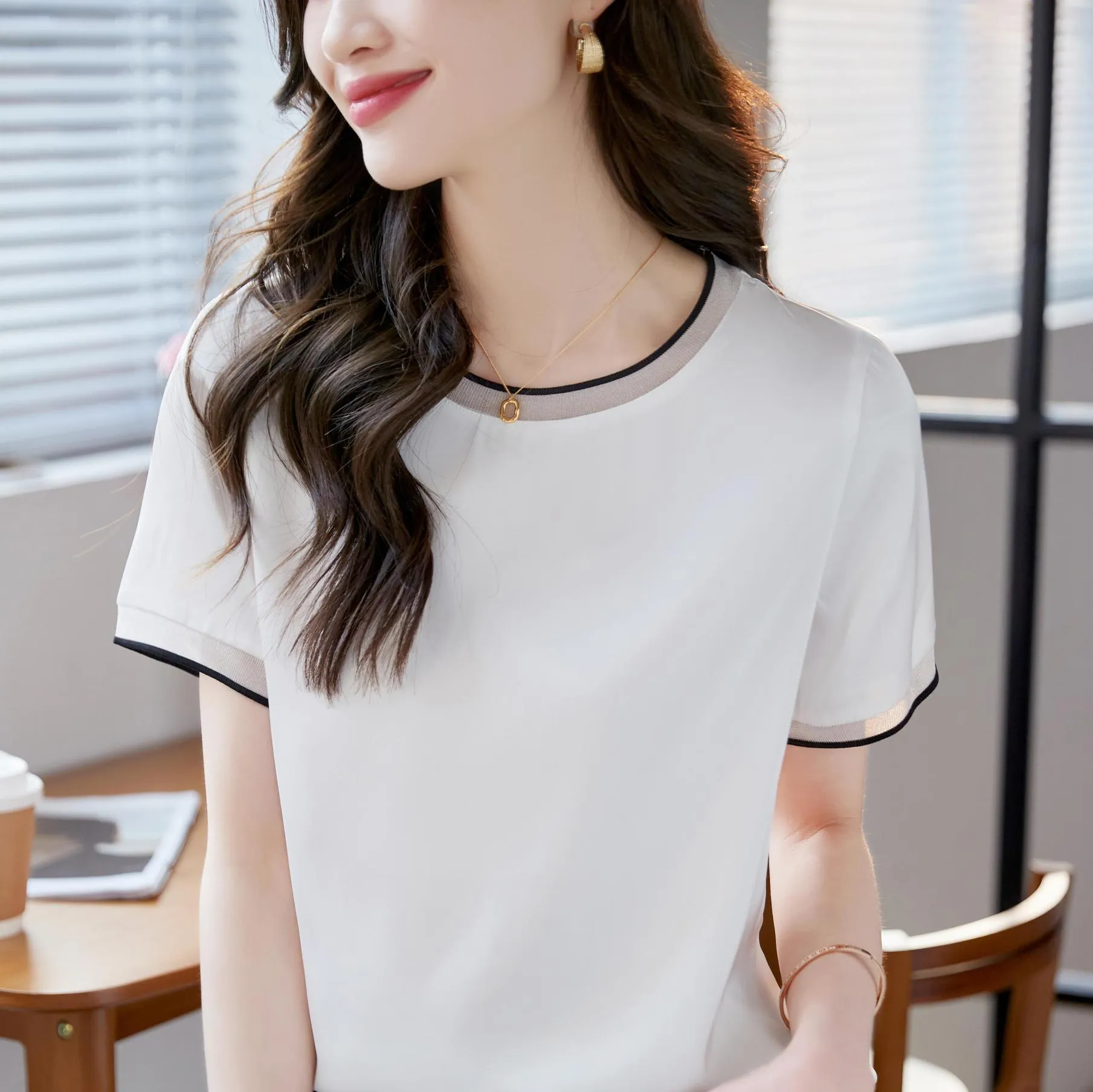Elegant Solid Satin T-Shirt with Chiffon and Contrast Trim for Women