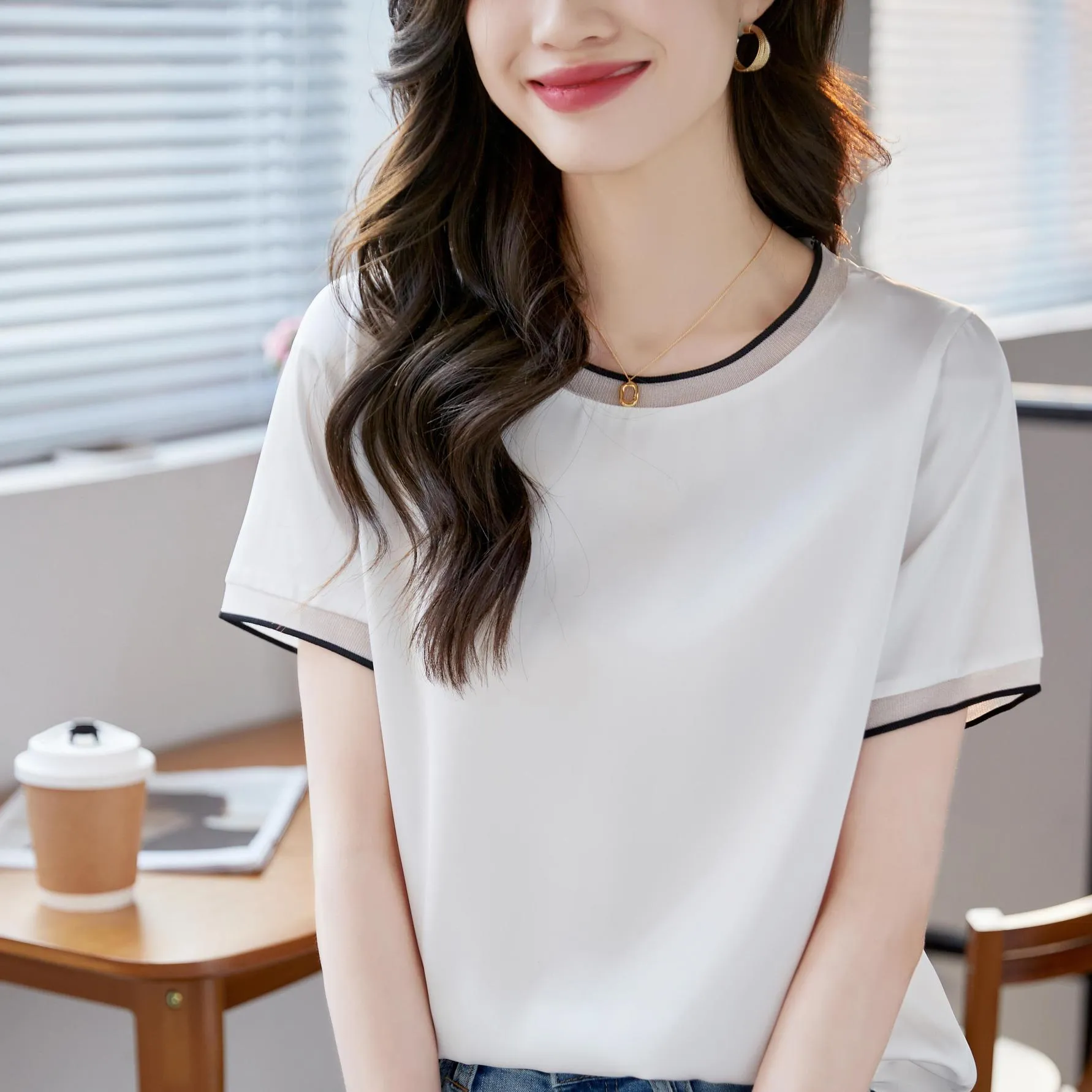 Elegant Solid Satin T-Shirt with Chiffon and Contrast Trim for Women