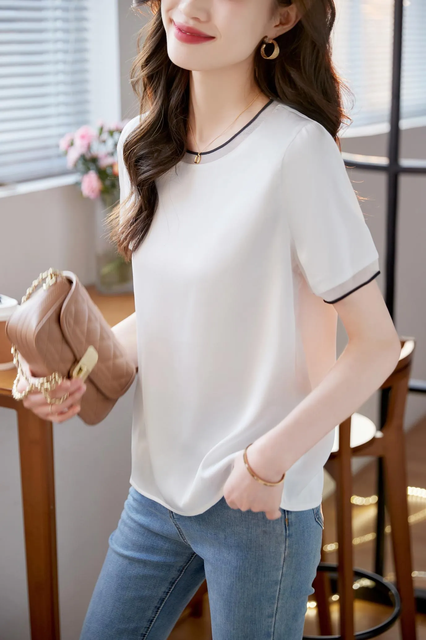 Elegant Solid Satin T-Shirt with Chiffon and Contrast Trim for Women