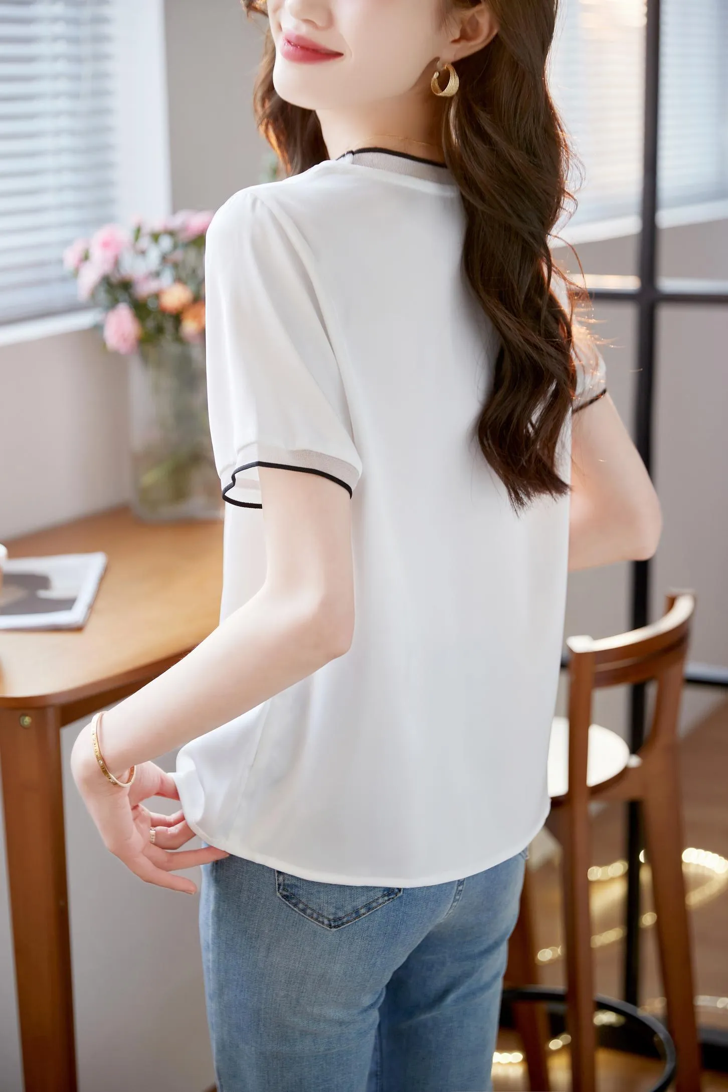 Elegant Solid Satin T-Shirt with Chiffon and Contrast Trim for Women