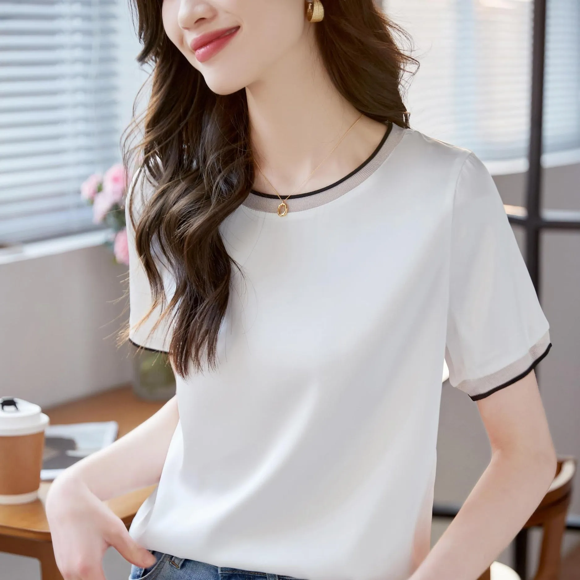 Elegant Solid Satin T-Shirt with Chiffon and Contrast Trim for Women