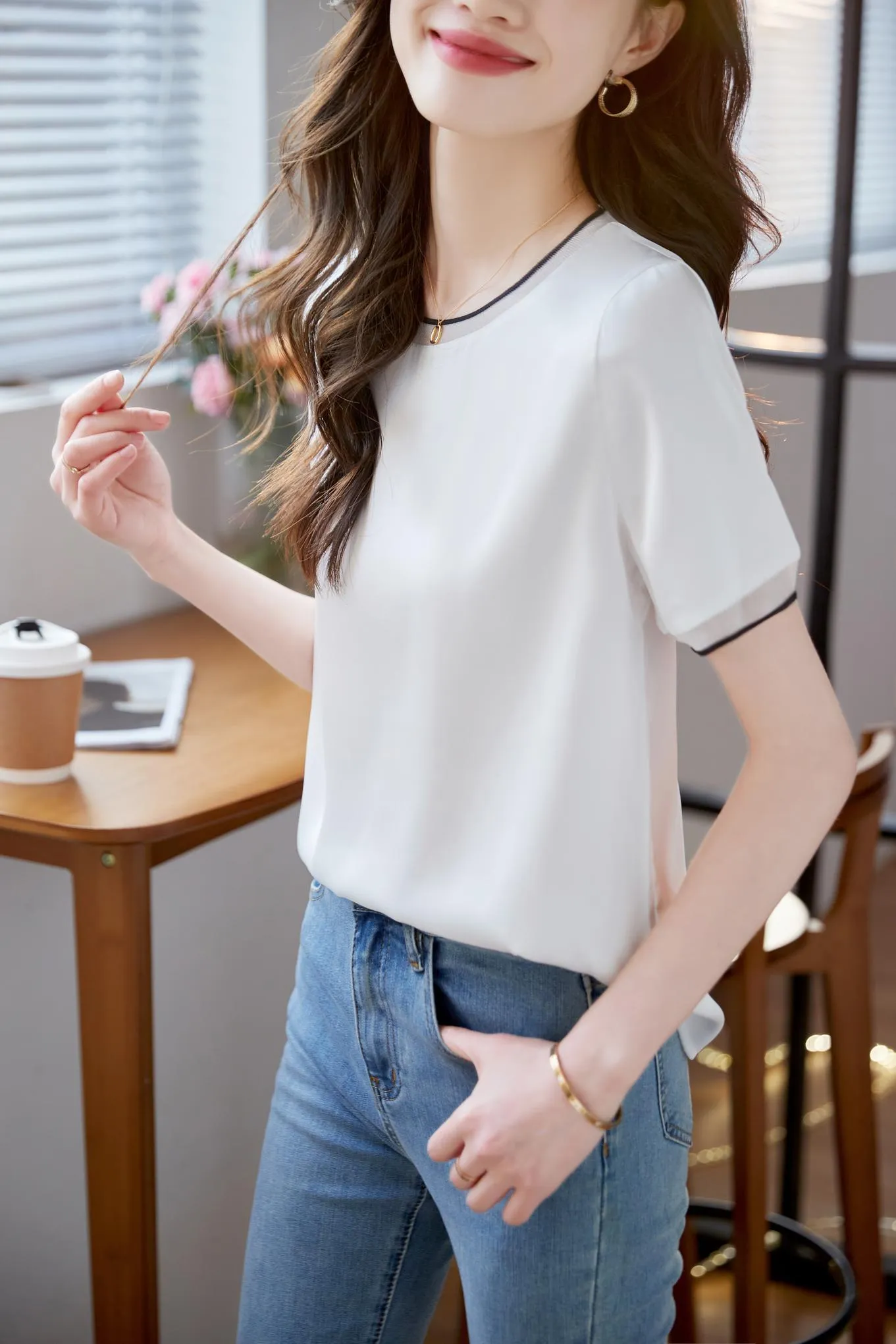 Elegant Solid Satin T-Shirt with Chiffon and Contrast Trim for Women
