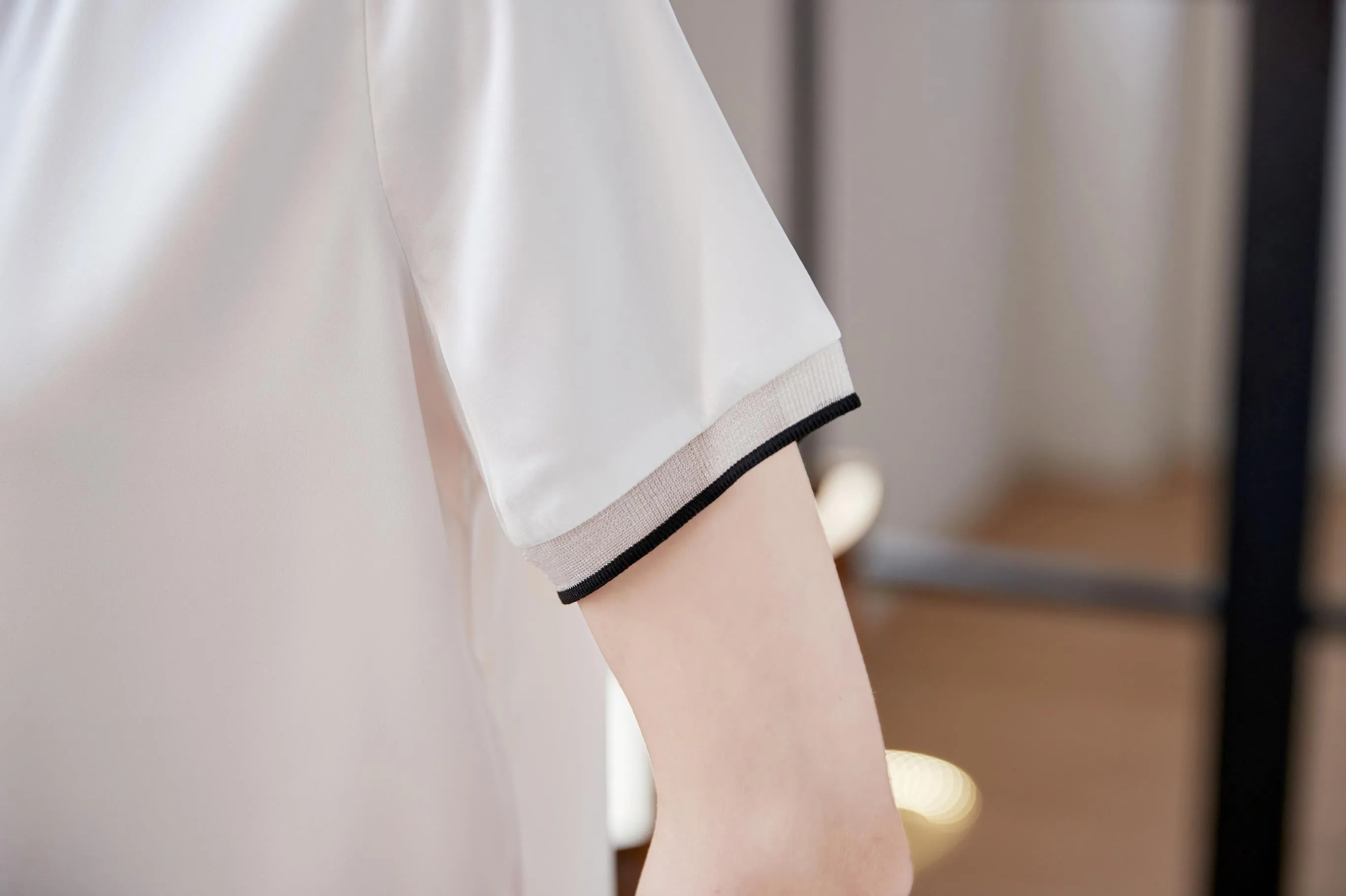 Elegant Solid Satin T-Shirt with Chiffon and Contrast Trim for Women