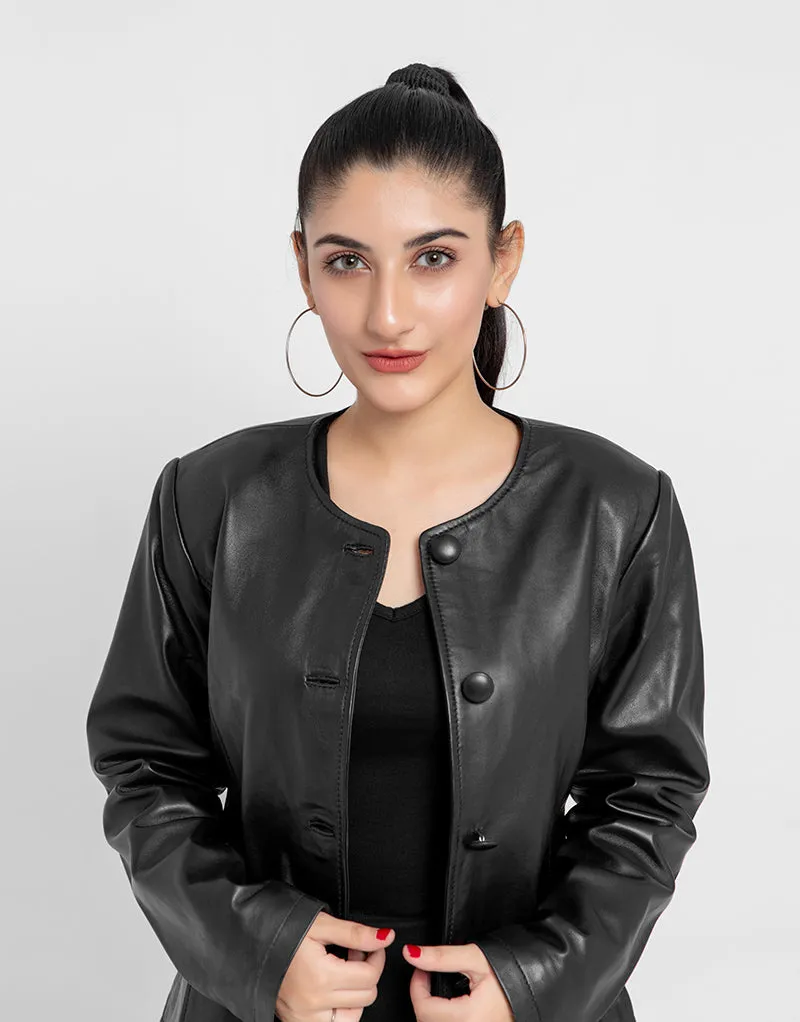 Eloise Frill Trim Black Leather Cropped Jacket