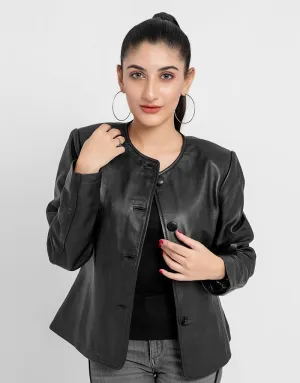 Eloise Frill Trim Black Leather Cropped Jacket
