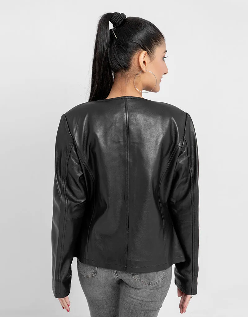 Eloise Frill Trim Black Leather Cropped Jacket