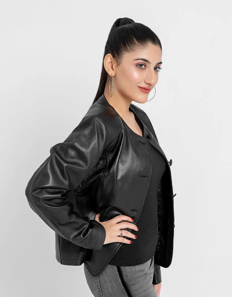 Eloise Frill Trim Black Leather Cropped Jacket