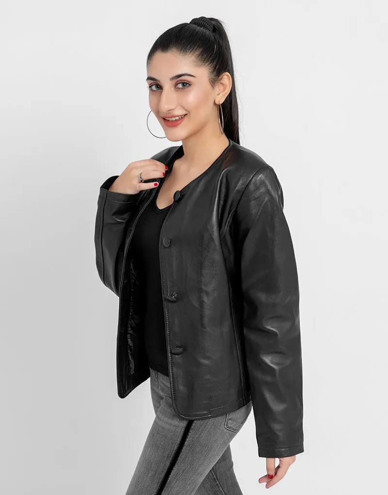 Eloise Frill Trim Black Leather Cropped Jacket