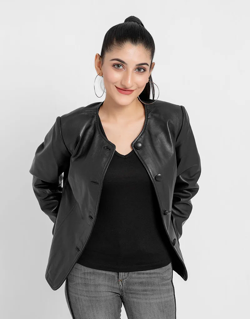 Eloise Frill Trim Black Leather Cropped Jacket