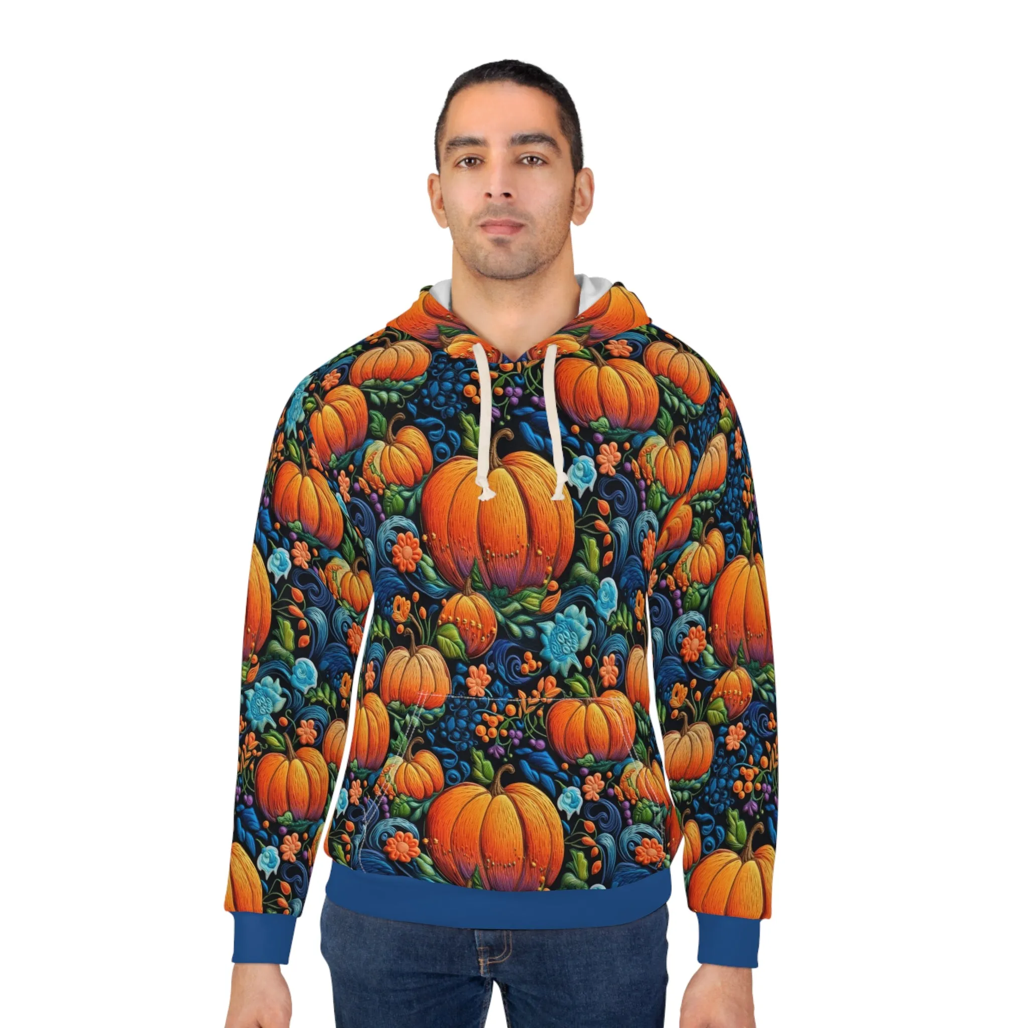 Fall Pumpkin Pullover Hoodie with Faux Orange & Blue Embroidery