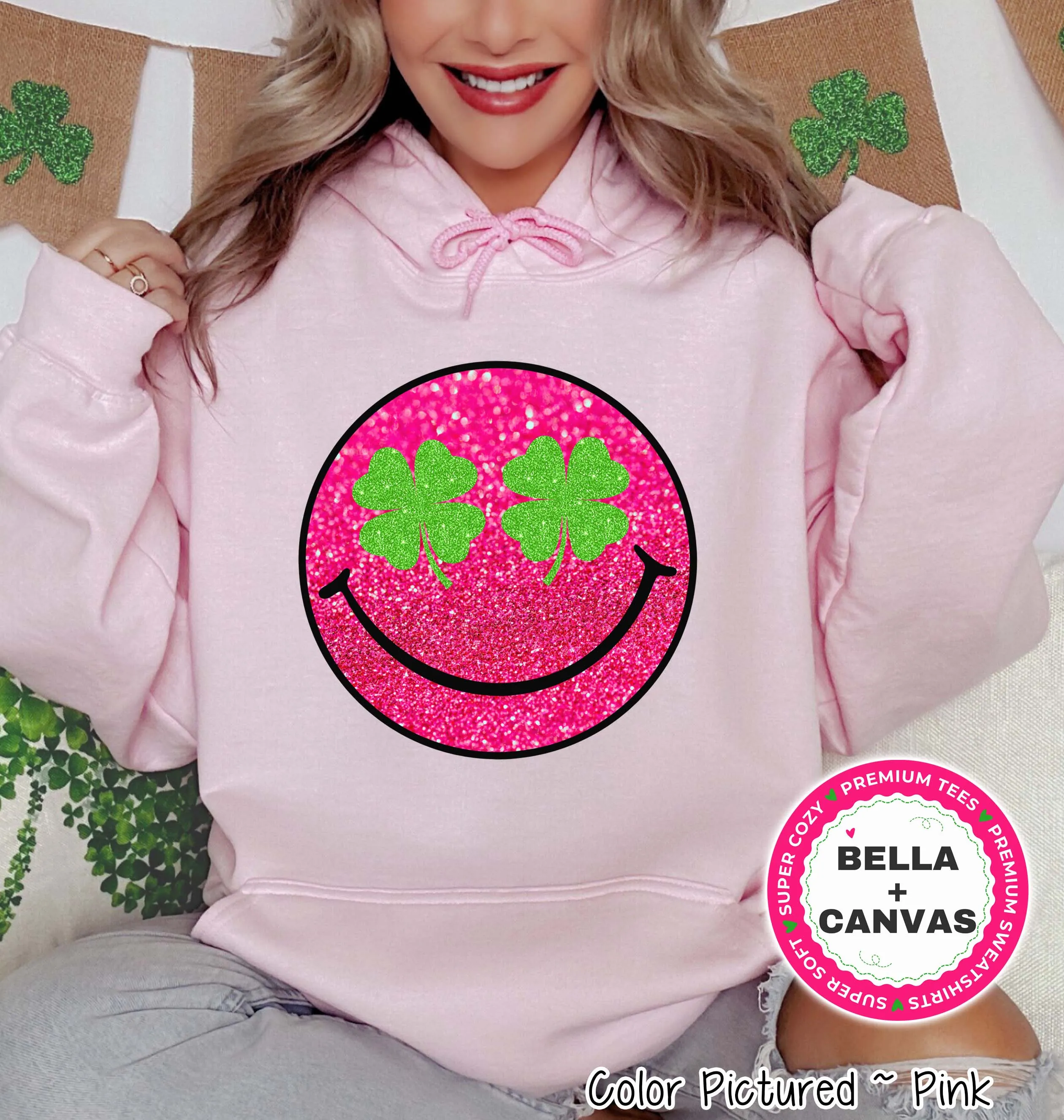 Faux Glitter Pink Smile St Patricks Day Tee or Sweatshirt