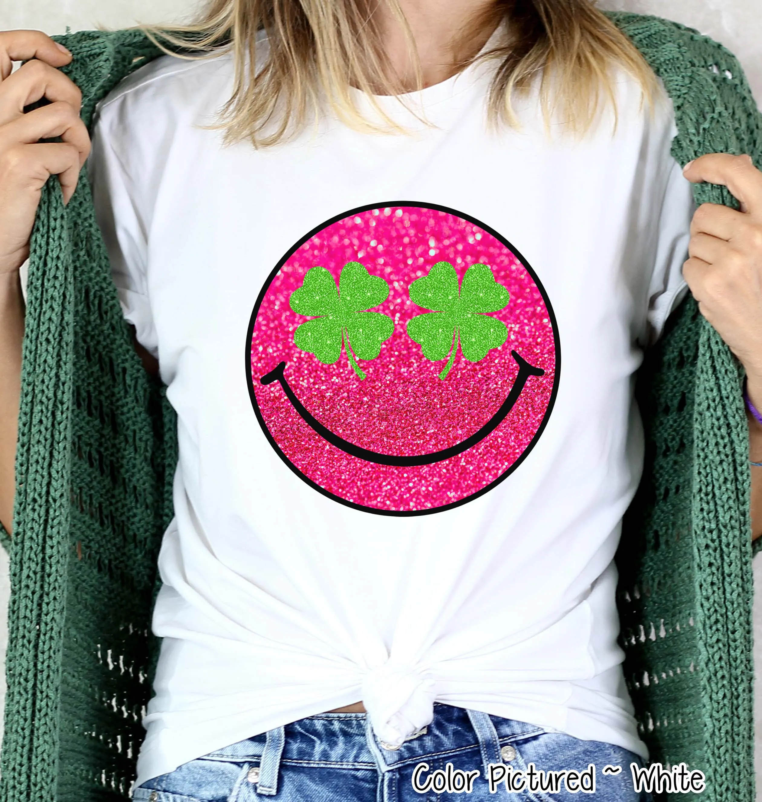 Faux Glitter Pink Smile St Patricks Day Tee or Sweatshirt