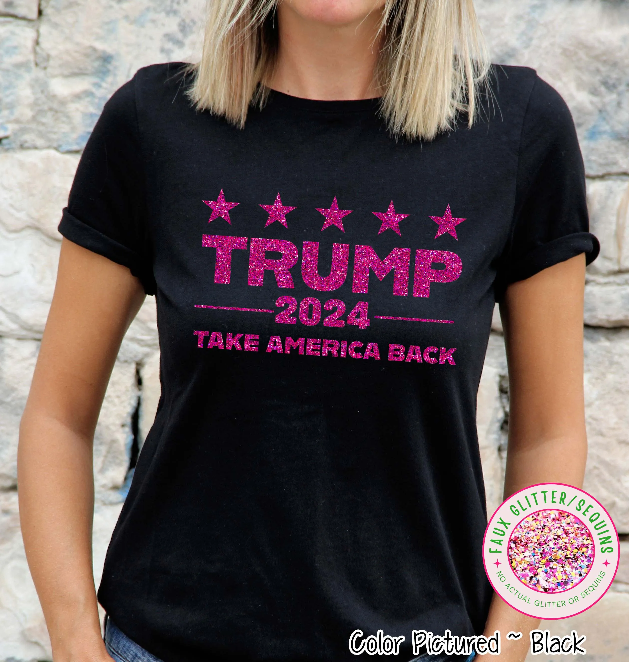 Faux Glitter Pink Trump 2024 Political Tee or Sweatshirt
