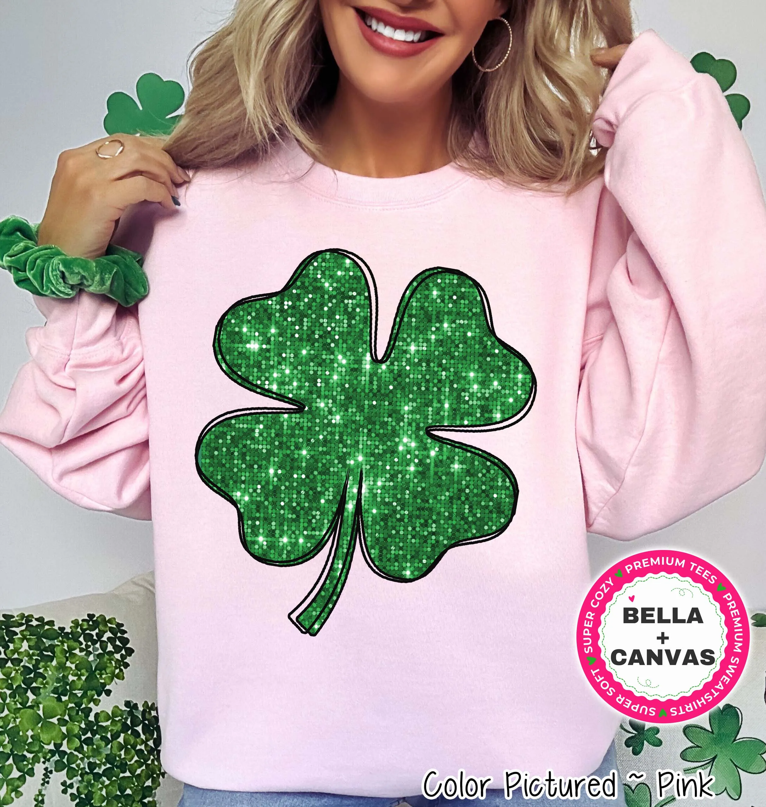 Faux Sequin Shamrock St Patricks Day Tee or Sweatshirt