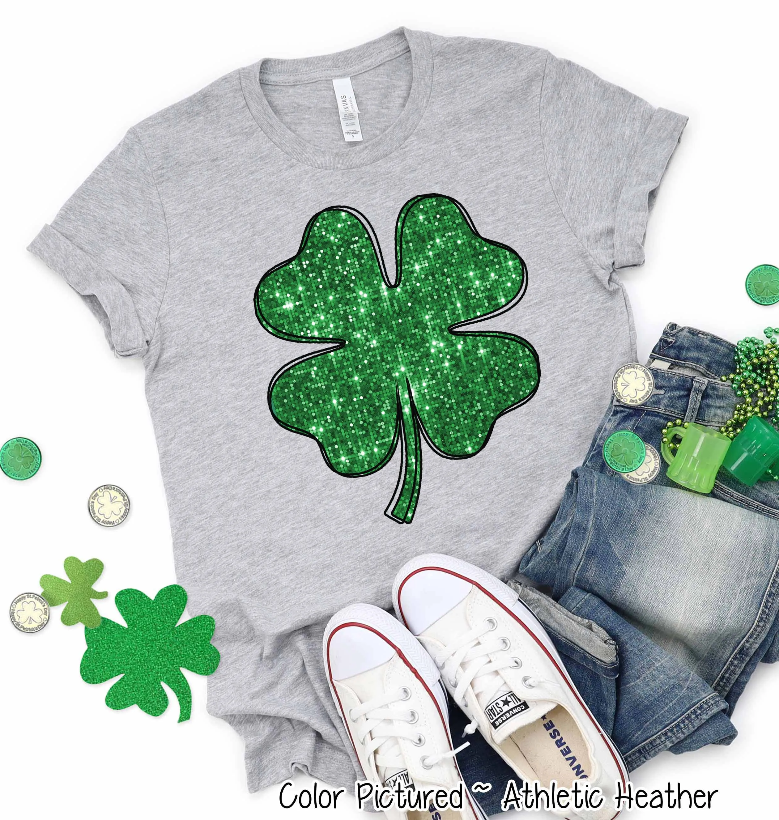 Faux Sequin Shamrock St Patricks Day Tee or Sweatshirt