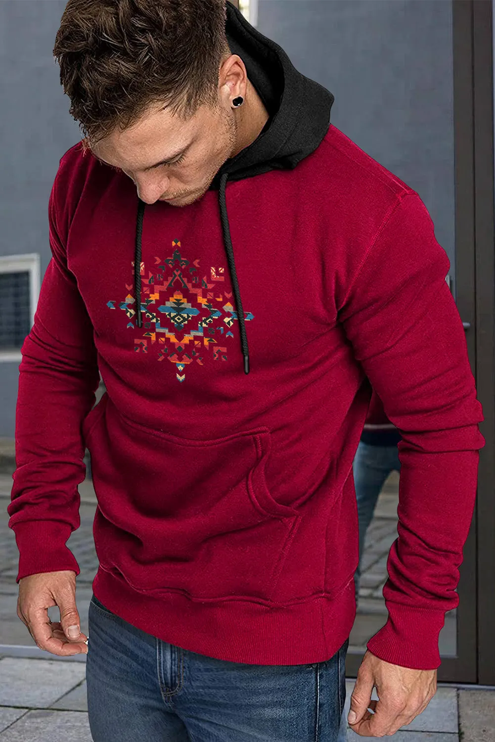 Fiery Red Southwestern Aztec Tribal Print Men Hoodie