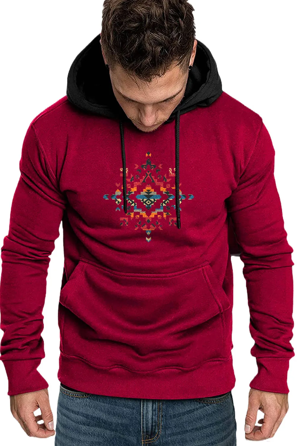 Fiery Red Southwestern Aztec Tribal Print Men Hoodie