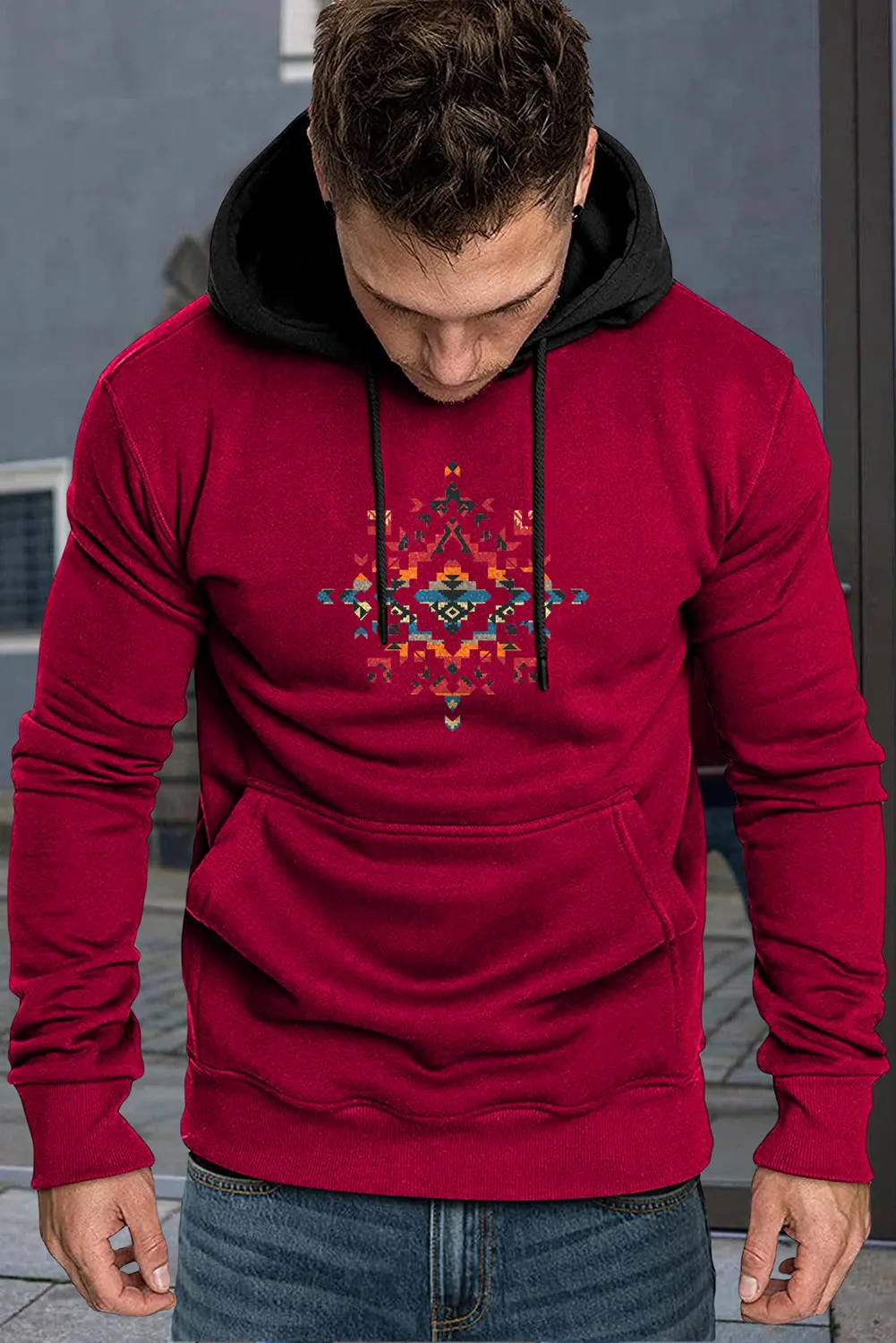 Fiery Red Southwestern Aztec Tribal Print Men Hoodie