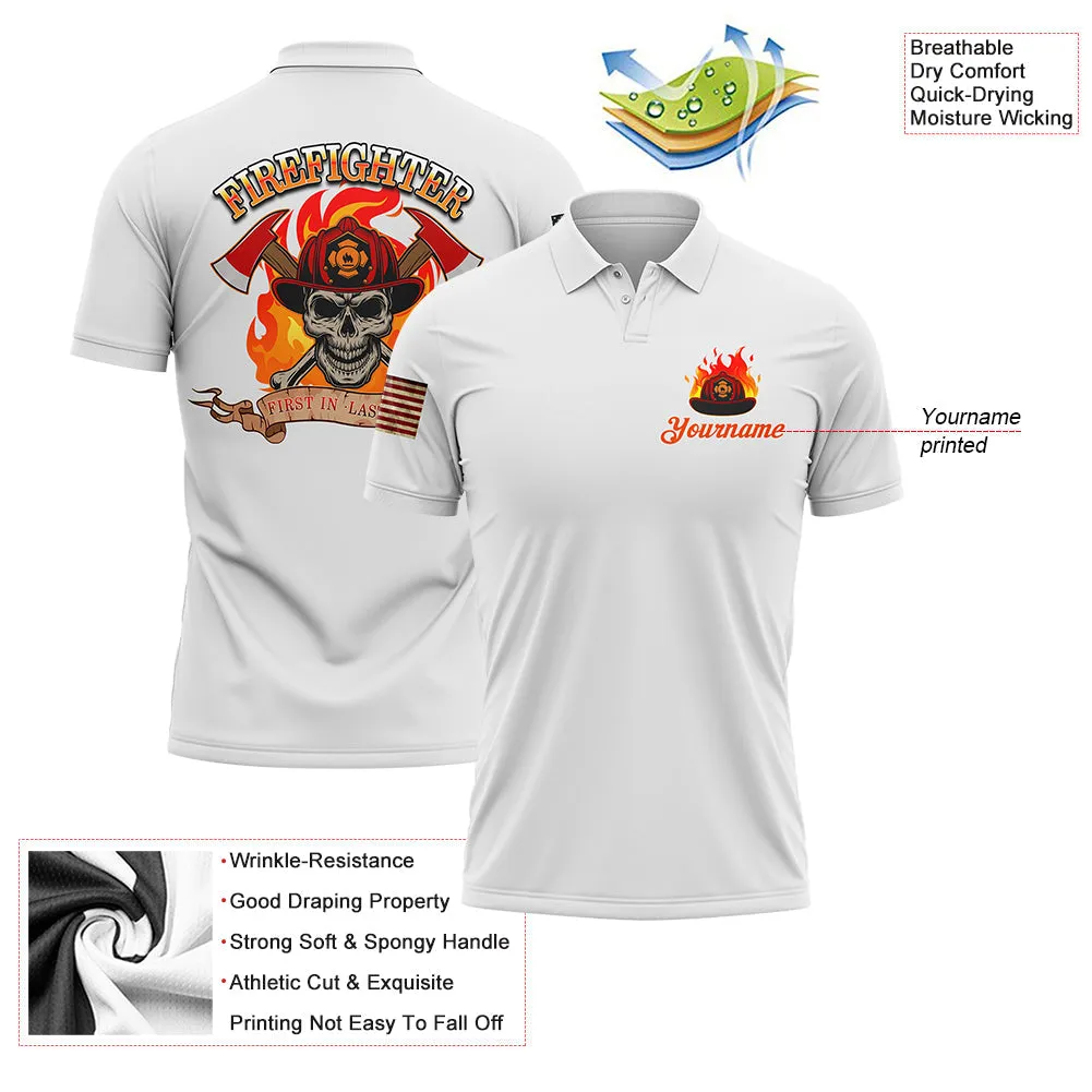 Firefighter First In Last Out Custom White American Patriot Name Golf Polo Shirt