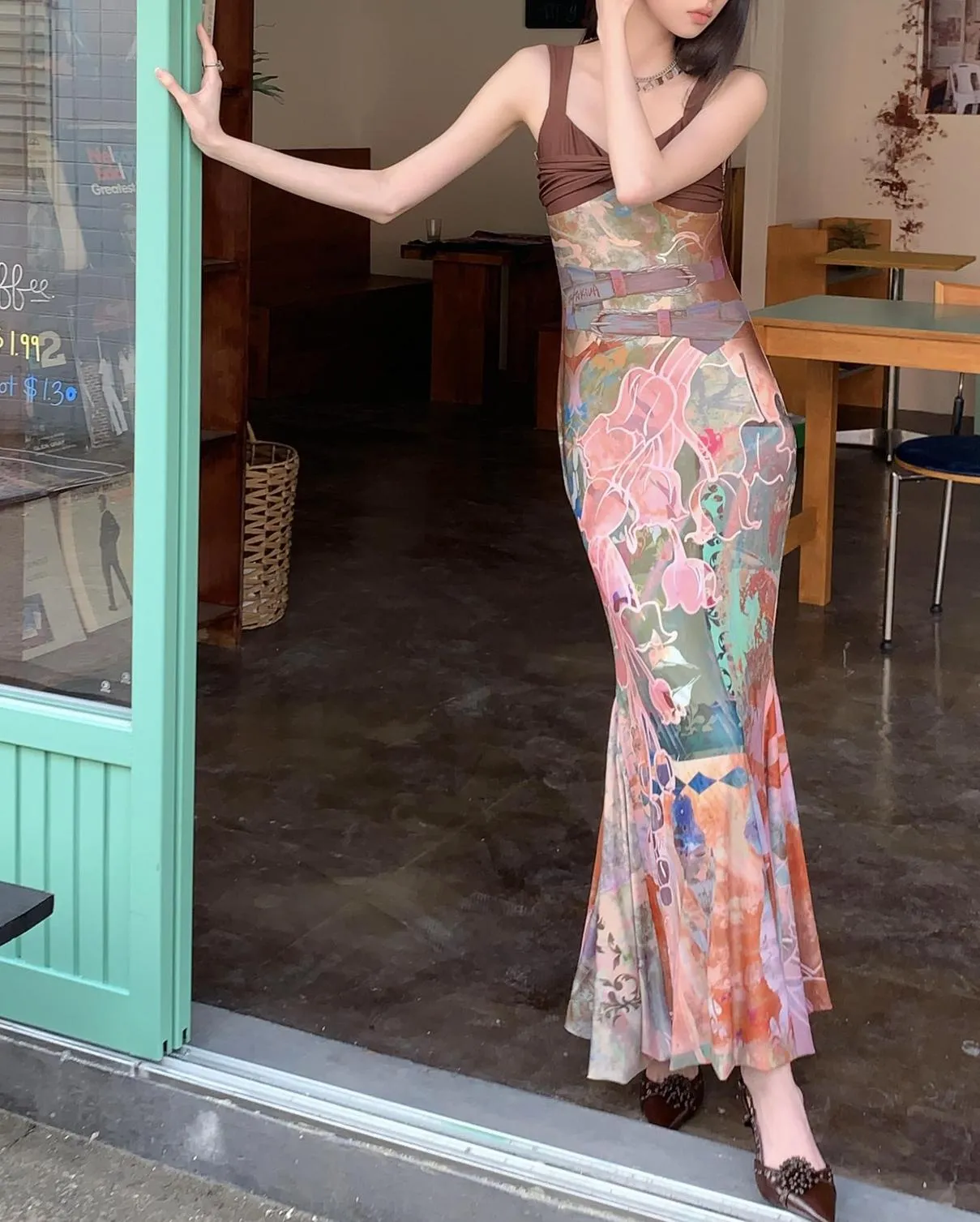 Fitted Cami Dress in Contrasting Colors with Asymmetrical Hem