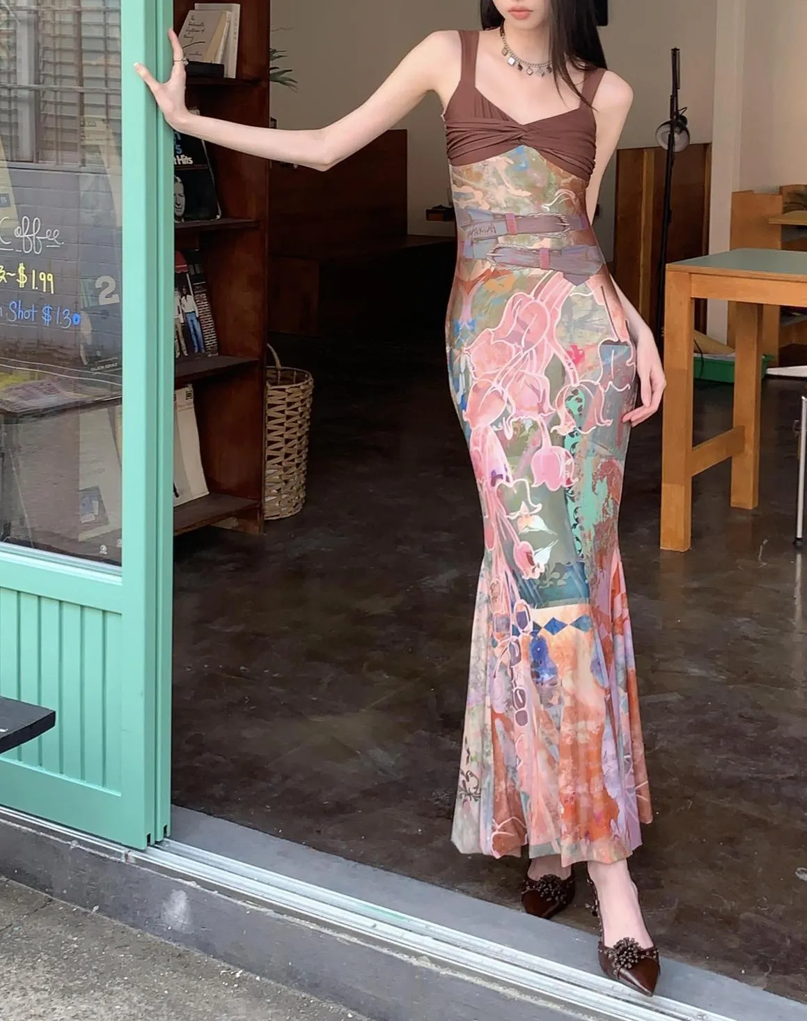 Fitted Cami Dress in Contrasting Colors with Asymmetrical Hem