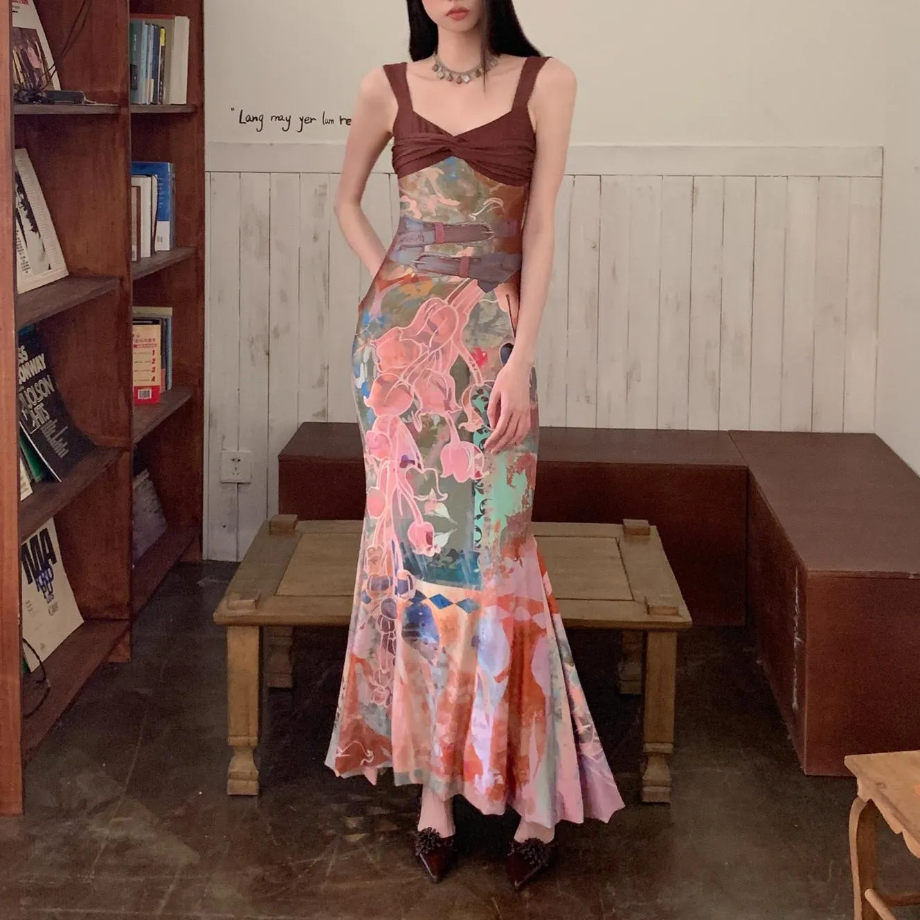 Fitted Cami Dress in Contrasting Colors with Asymmetrical Hem