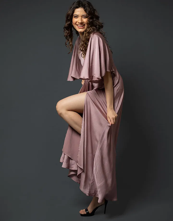 Flared Sleeves Crossover Neck Dress with Front Slit