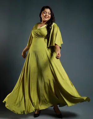 Flared Sleeves Crossover Neck Dress with Front Slit