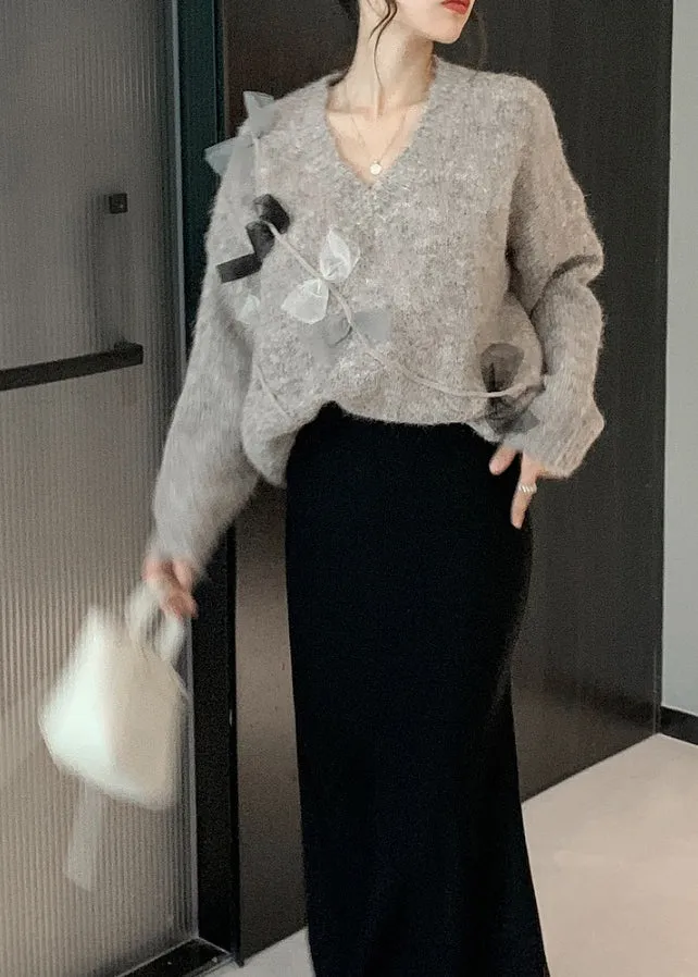 French Cozy V Neck Knitted Sweaters Tops Fall