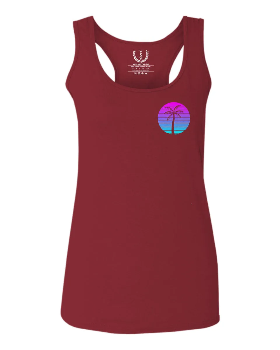 Front and Back Vaporwave Palm Trees Aesthetics Art Beach surf Sunset  women's Tank Top sleeveless Racerback