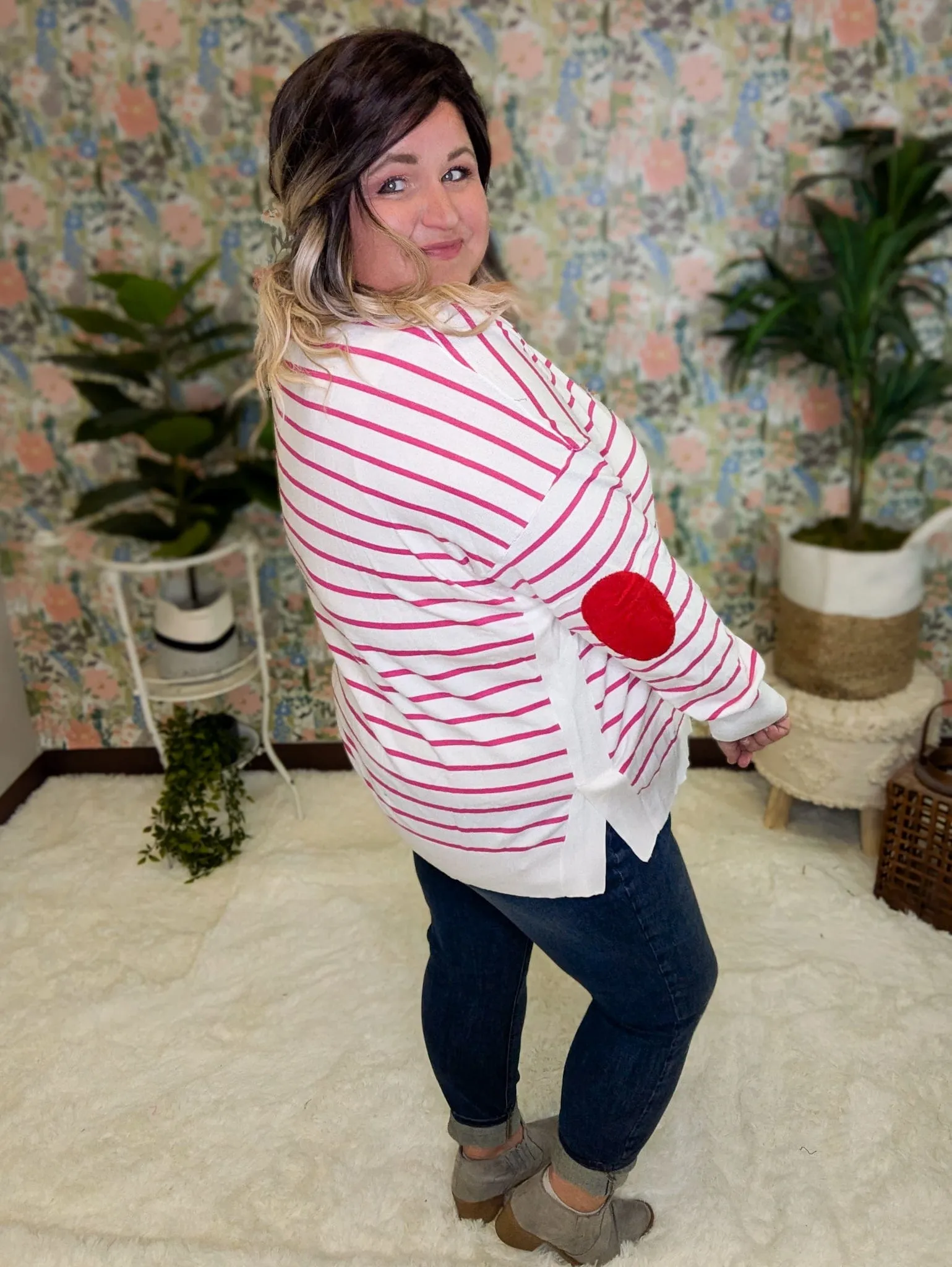 Geri Bright Striped Ivory Sweater w/Elbow Patches